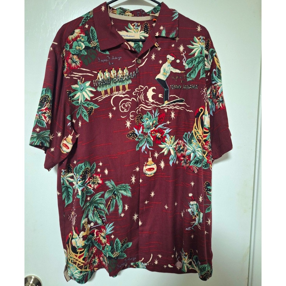 Tommy Bahama Hawaiian Shirt Mens Medium Silk Christmas Holiday Surfing Santa Red